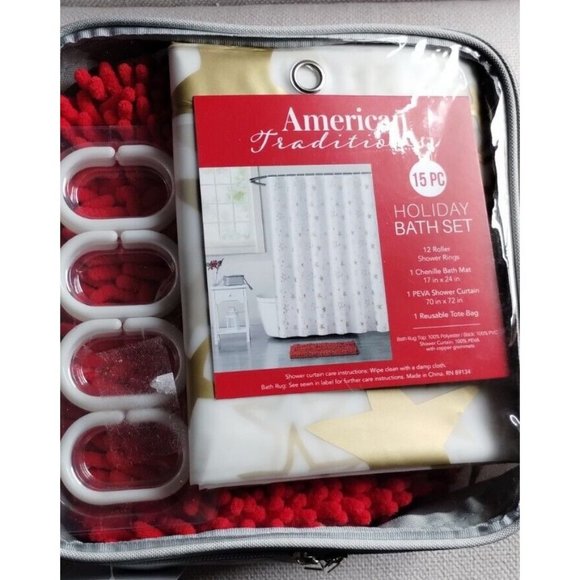 American Tradition 15 PC Holiday Bath Set Shower Curtains/ Mat/Hooks - Picture 2 of 8